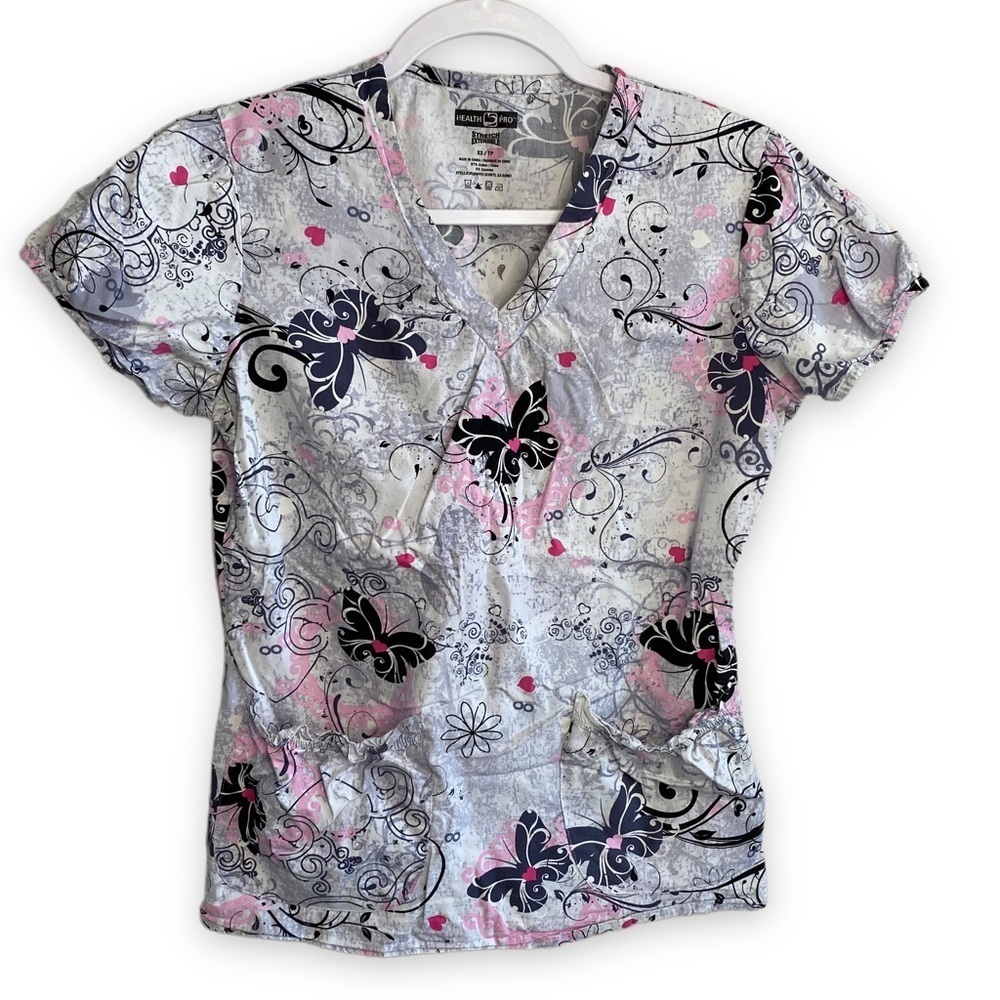 Healthpro - Pink & Gray Heart Print Scrub Top - Size XS
